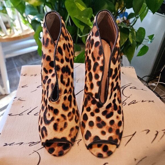Halogen Leopard Print Calfskin Peep-Toe Booties - Picture 6 of 8